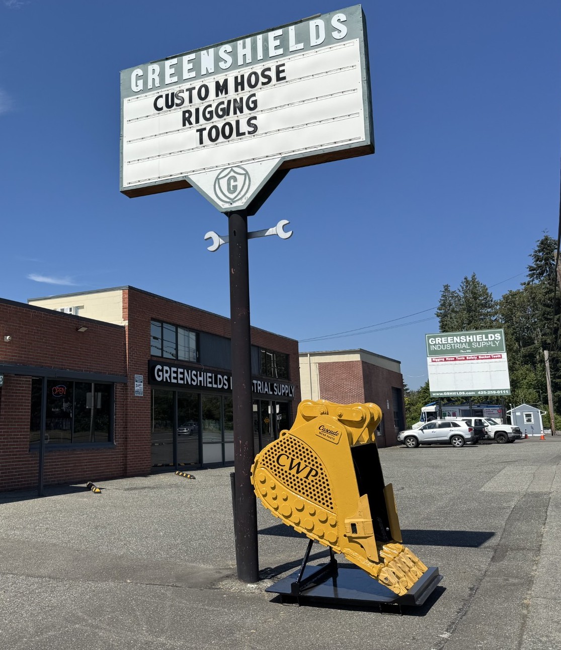 CWP display bucket beneath the Greenshields Industrial Supply sign in Everett, Washington